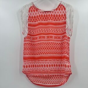 Prana Top Women XS Orange Aztec Short Cap Sleeves Sheer Lightweight Embroidered